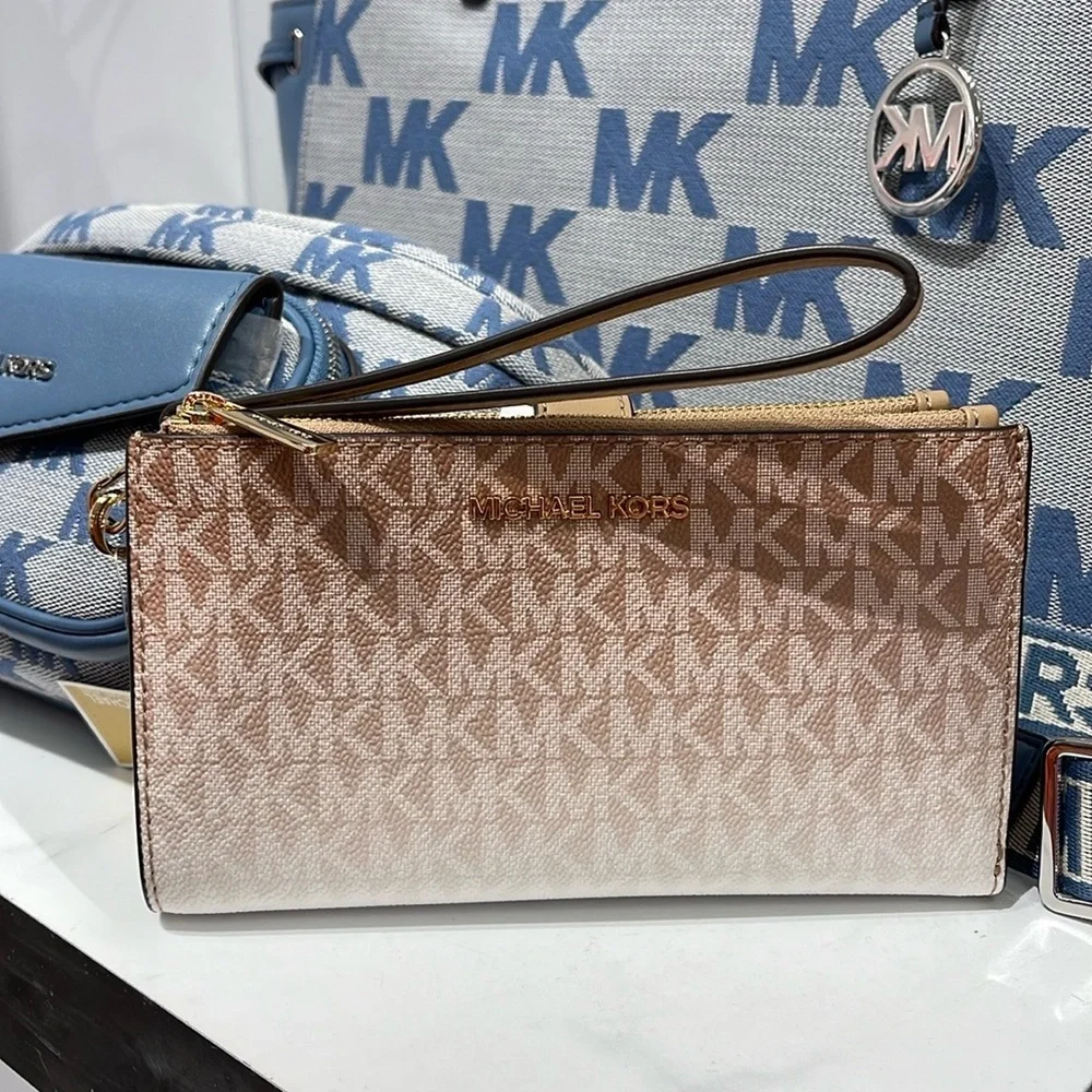 MICHAEL KORS Jet Set Large Ombré Logo Double-Zip Wristlet-Wallet-Phone Case NWT